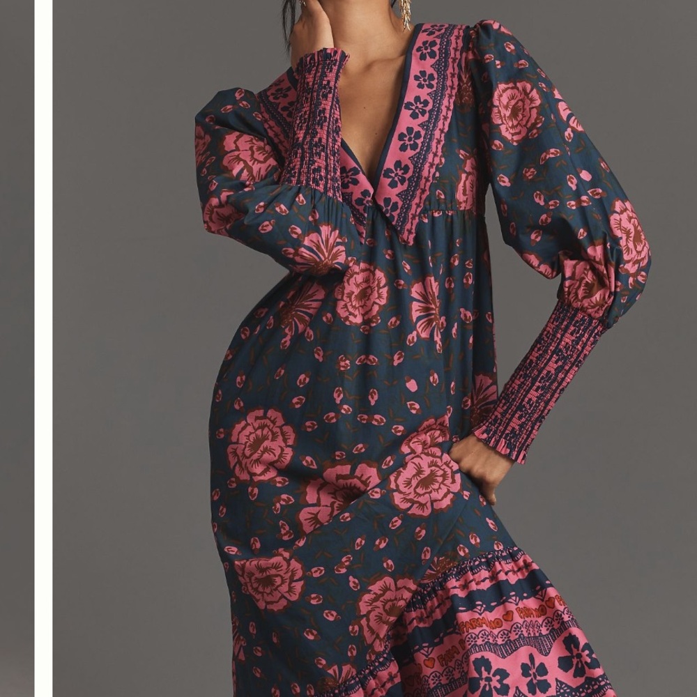 NWT Farm Rio x Anthropologie Puff-Sleeve V-Neck Midi Dress Sz Xl - Picture 2 of 7